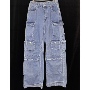 Forever 21 Jeans Womens 26 Blue Cargo Utility Wide Leg Y2K Streetwear Skater